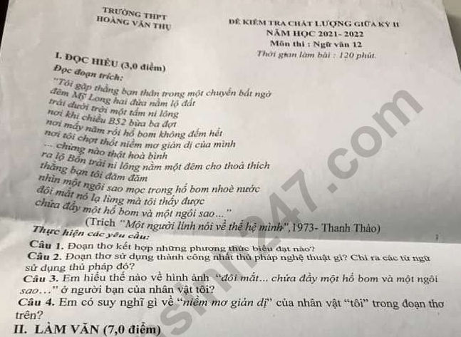 Đề giữa kì II lớp 12 môn Văn 2022 - THPT Hoàng Văn Thụ