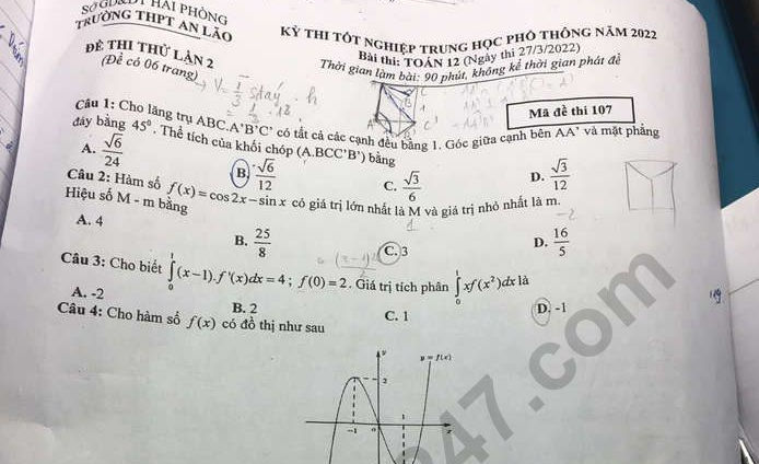 Đề thi thử tốt nghiệp môn Toán - THPT An Lão 2022