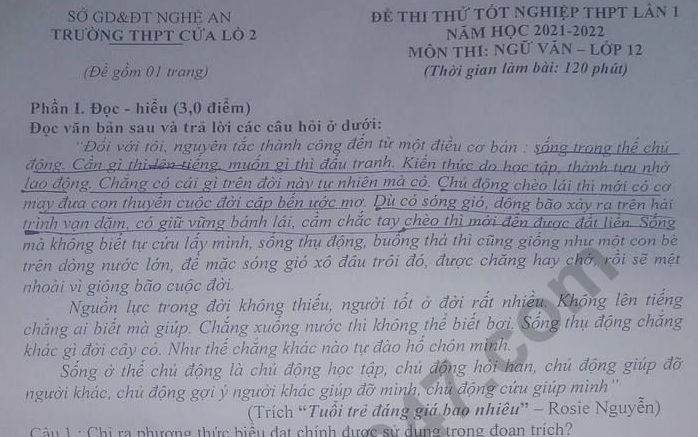 Đề thi thử môn Văn tốt nghiệp THPT 2022 lần 1 - THPT Cửa Lò 2