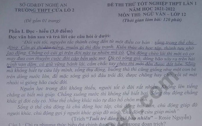 Đề thi thử môn Văn tốt nghiệp THPT 2022 lần 1 - THPT Cửa Lò 2