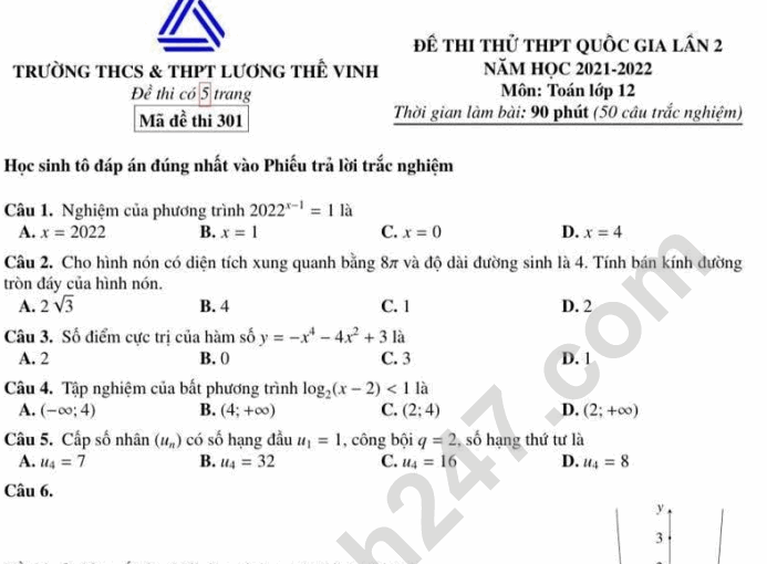 Đề thi thử tốt nghiệp THPT môn Toán - THPT Lương Thế Vinh 2022 lần 2