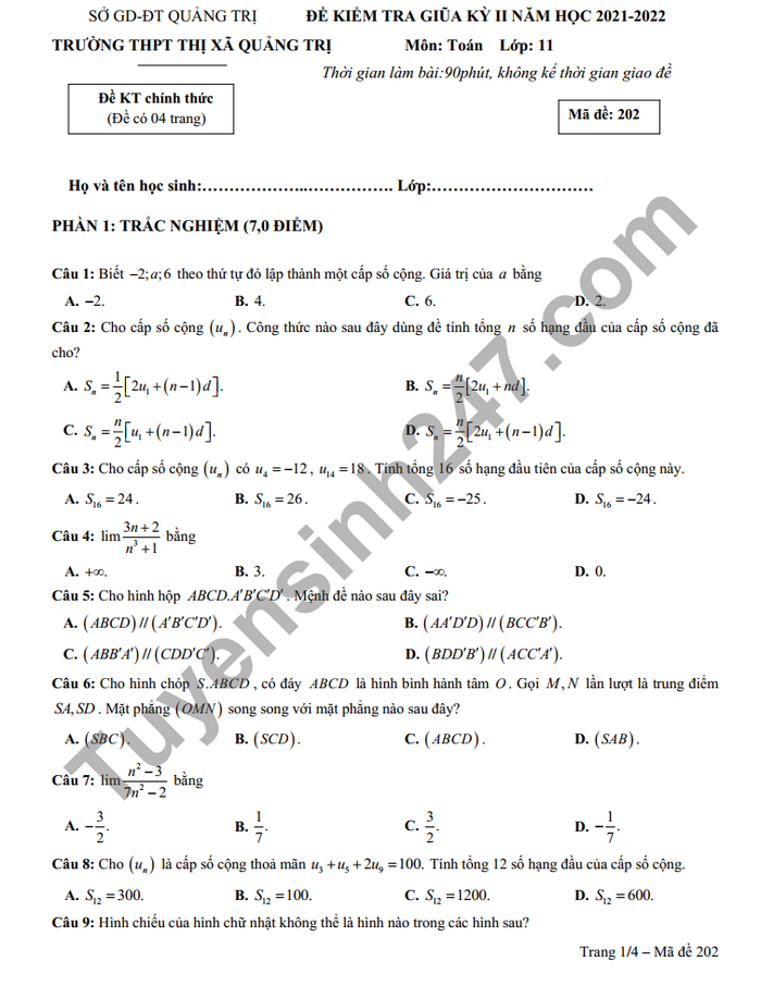Đề thi giữa kì 2 2022 lớp 11 môn Toán THPT Thị xã Quảng Trị