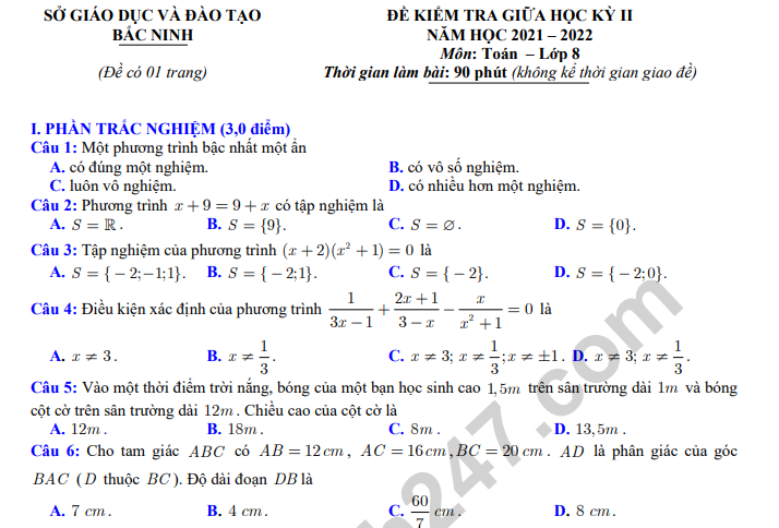 Đề thi GK 2 môn Toán lớp 8 - Sở GD Bắc Ninh 2022 - Có đáp án