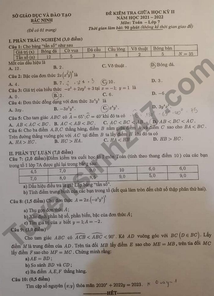 Đề thi giữa kì 2 Sở GD Bắc Ninh lớp 7 môn Toán 2022 