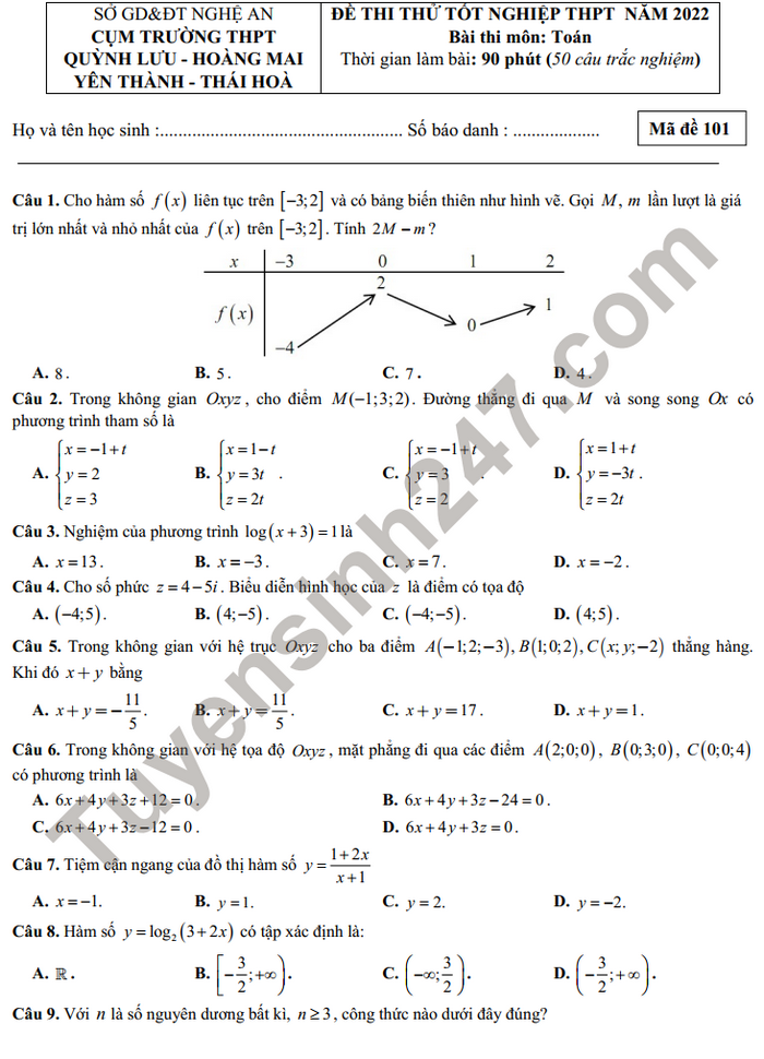 Đề thi thử TNTHPT môn Toán 2022 Cụm THPT Quỳnh Lưu - Hoàng Mai - Yên Thành - Thái Hòa 