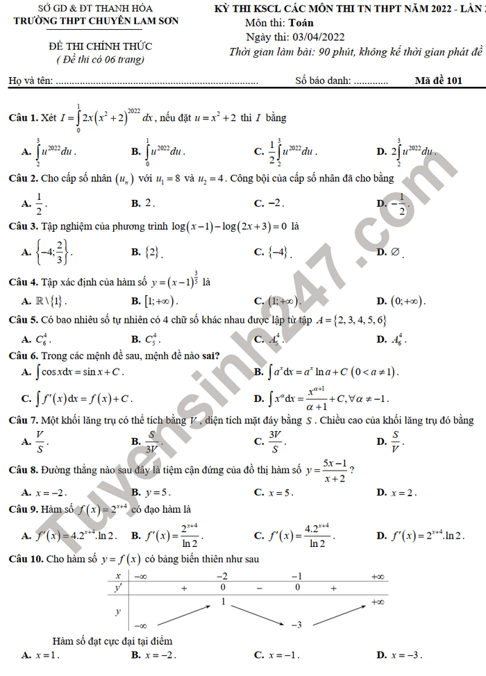 Đề thi thử THPTQG môn Toán năm 2022 Trường THPT Chuyên Lam Sơn