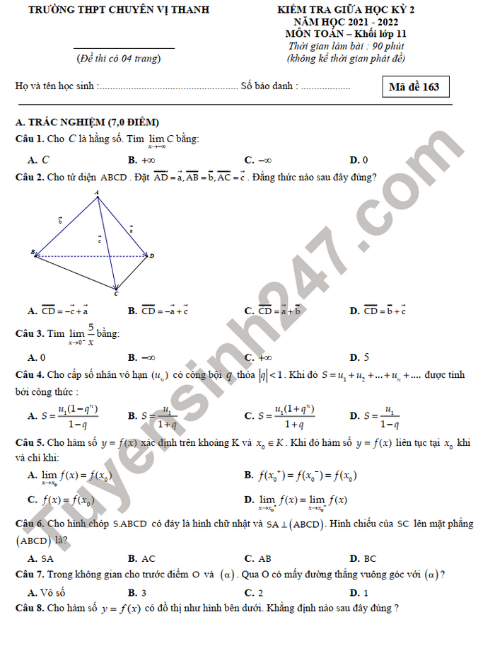 Đề thi giữa kì 2 năm 2022 môn Toán 11 - chuyên Vị Thanh