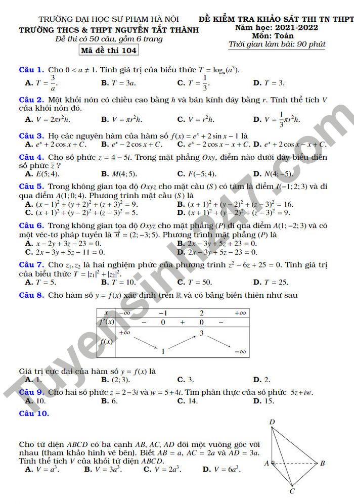 Đề thi thử tốt nghiệp THPT THCS&THPT Nguyễn Tất Thành môn Toán 2022 
