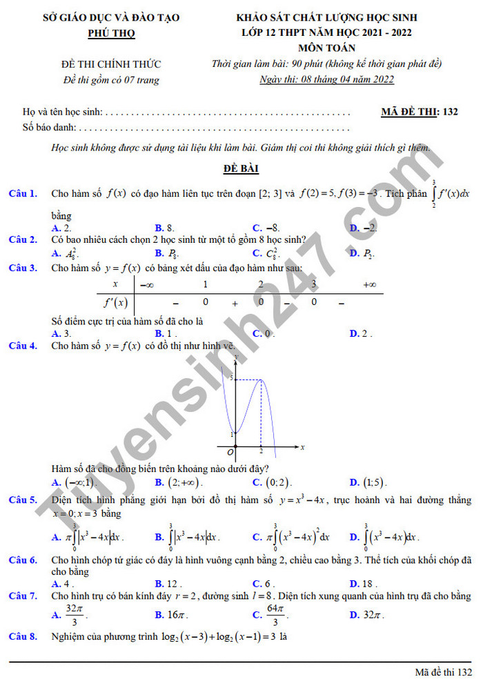 Đề khảo sát chất lượng lớp 12 2022 Sở GD Phú Thọ môn Toán 