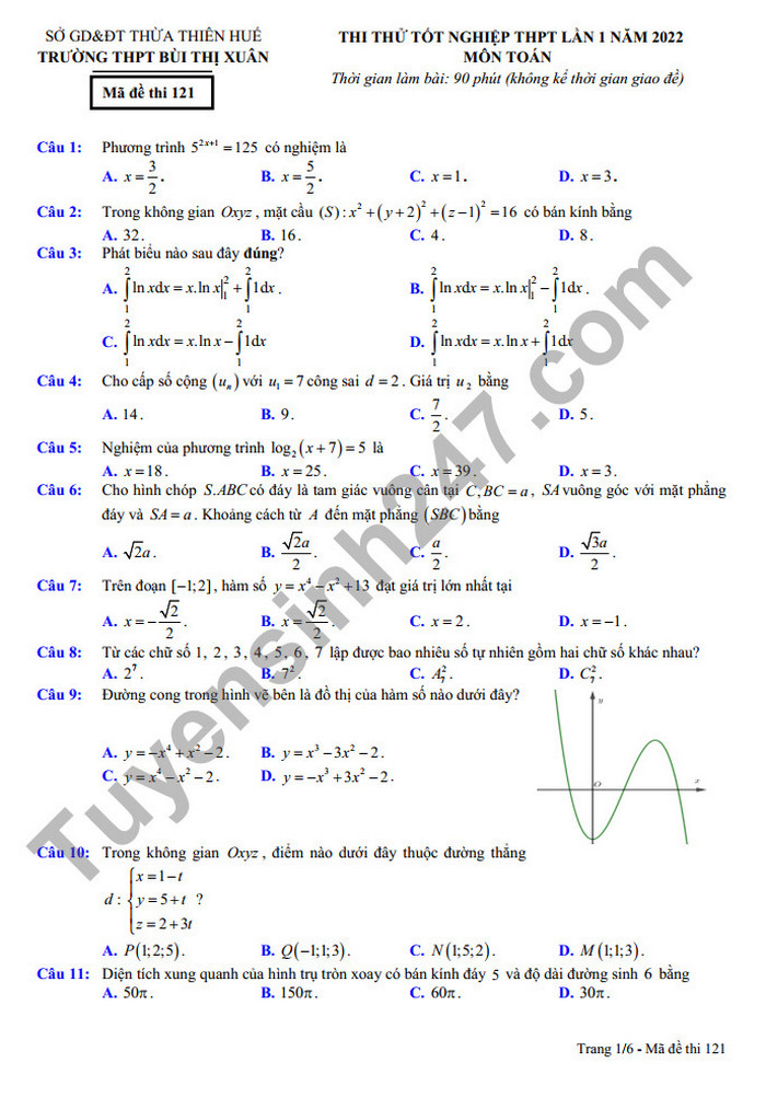 Đề thi thử tốt nghiệp THPT môn Toán 2022 THPT Bùi Thị Xuân lần 1