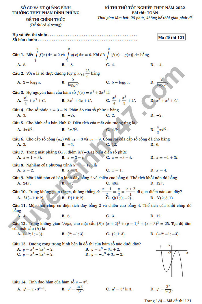 Đề thi thử tốt nghiệp THPT - THPT Phan Đình Phùng năm 2022 môn Toán
