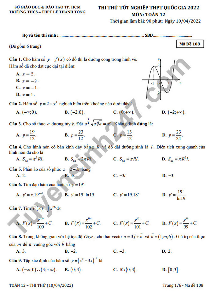 Đề thi thử tốt nghiệp THPT môn Toán THCS&THPT Lê Thánh Tông 2022 