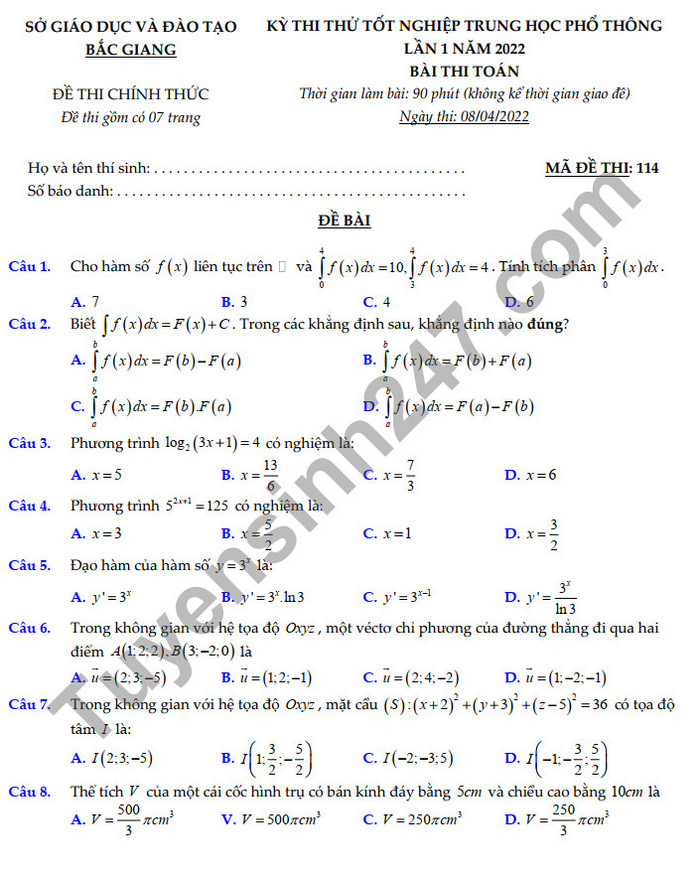 Đề thi thử tốt nghiệp THPT lần 1 năm 2022 - Sở GD Bắc Giang môn Toán
