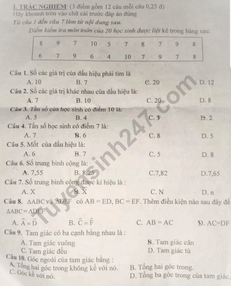 Đề thi kì 2 môn Toán lớp 7 năm học 2021 - 2022