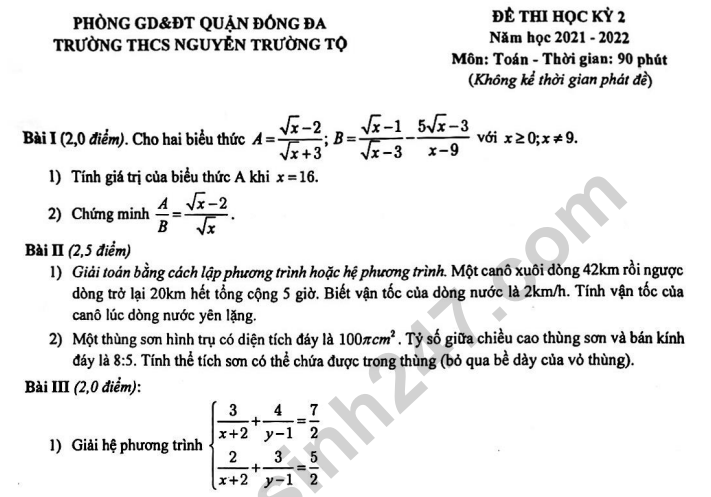 Đề thi kì 2 lớp 9 môn Toán - THCS Nguyễn Trường Tộ 2022
