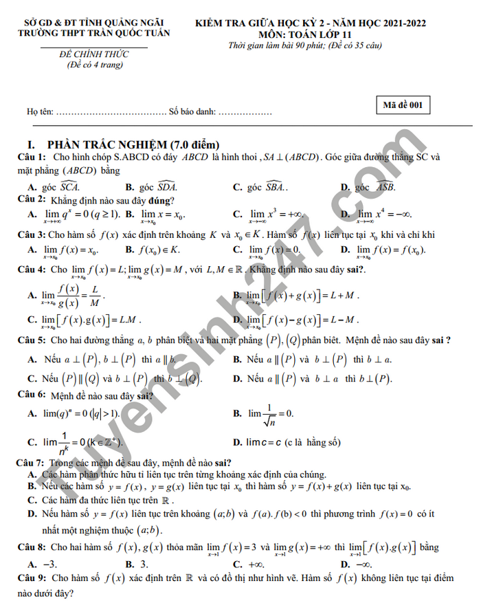 Đề thi giữa kì 2 năm 2022 môn Toán lớp 11 THPT Trần Quốc Tuấn 