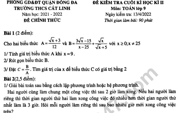 Đề thi kì 2 môn Toán lớp 9 năm 2022 - THCS Cát Linh