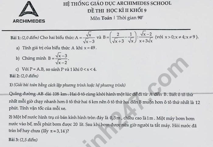 Đề kì 2 môn Toán lớp 9 năm 2022 - Hệ thống Archimedes School