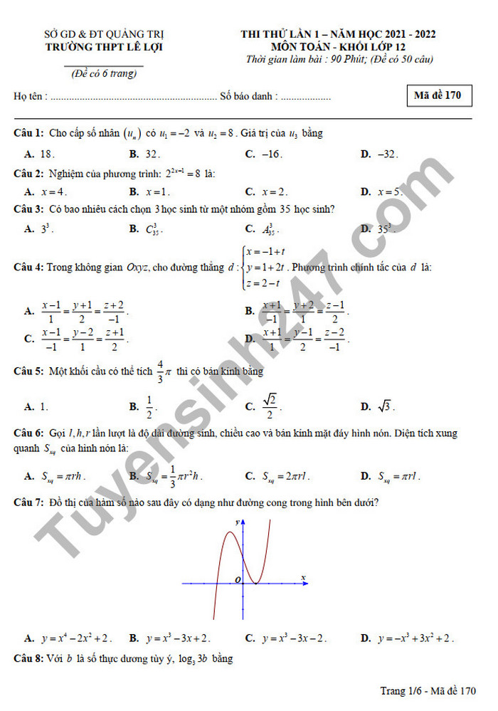 Đề thi thử tốt nghiệp THPT 2022 môn Toán lần 1 THPT Lê Lợi