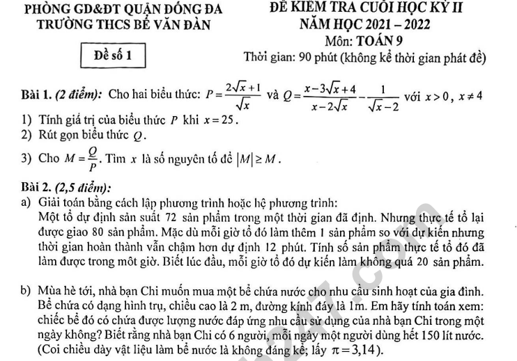 Đề thi kì 2 môn Toán lớp 9 - THCS Bế Văn Đàn 2022