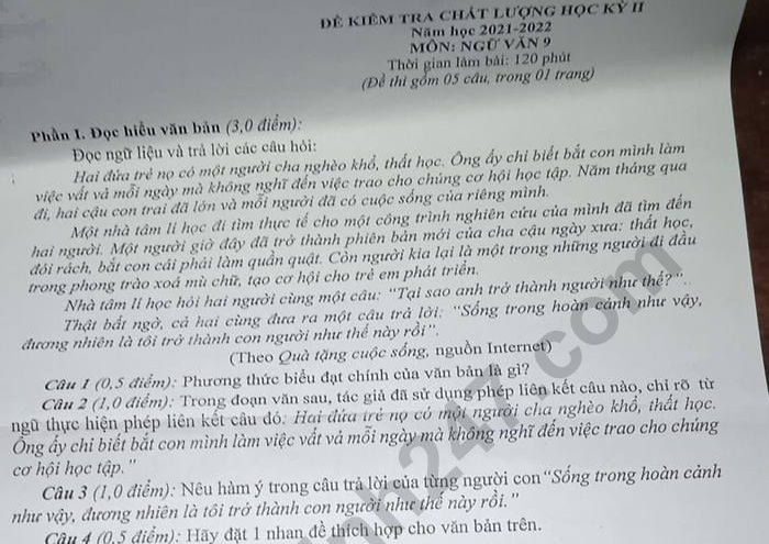 Đề kì 2 lớp 9 môn Văn 2022 - THCS Ninh Khang