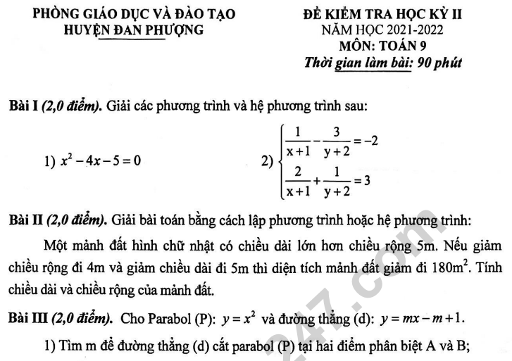 Đề thi kì 2 môn Toán lớp 9 năm 2022 - Phòng GD Đan Phượng