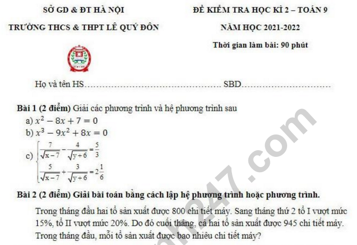 Đề thi học kì 2 lớp 9 môn Toán 2022 - THCS THPT Lê Quý Đôn