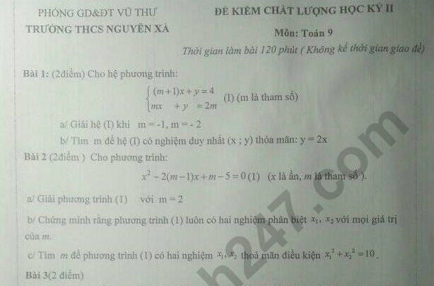 Đề kì 2 môn Toán lớp 9 - THCS Nguyên Xá 2022