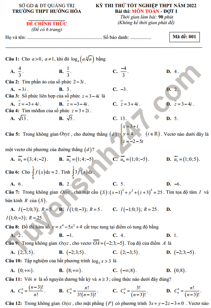 Đề thi thử tốt nghiệp THPT - THPT Hướng Hóa môn Toán năm  2022 đợt 1