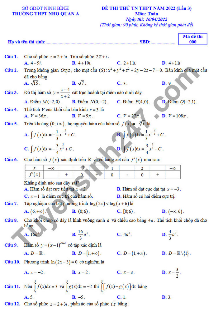 Đề thi thử tốt nghiệp THPT 2022 THPT Nho Quan A môn Toán lần 3 