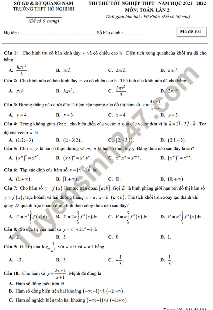 Đề thi thử tốt nghiệp THPT môn Toán - THPT Hồ Nghinh năm 2022 lần 2