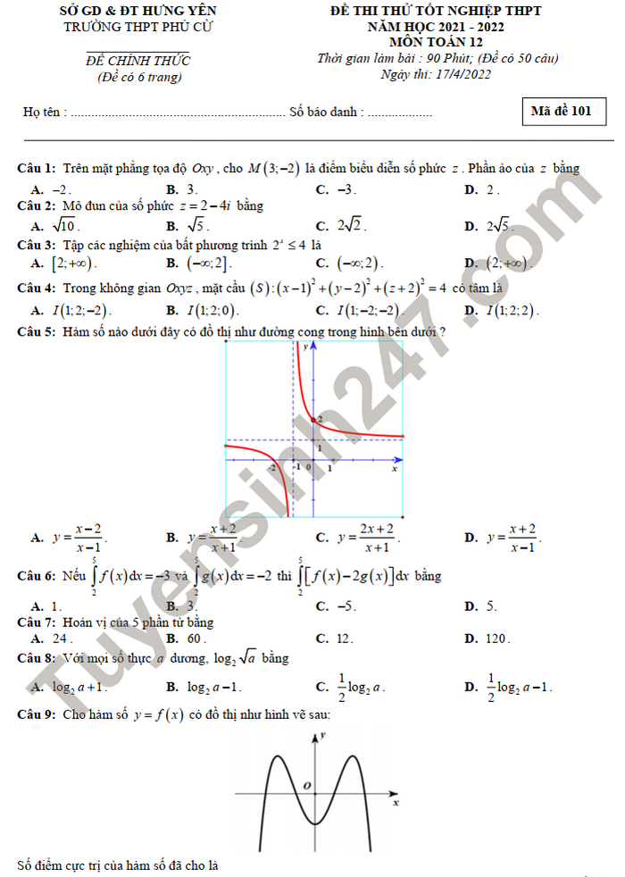 Đề thi thử tốt nghiệp THPT - THPT Phù Cừ môn Toán năm 2022
