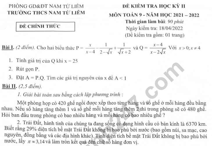 Đề thi kì 2 môn Toán lớp 9 năm 2022 - THCS Nam Từ Liêm