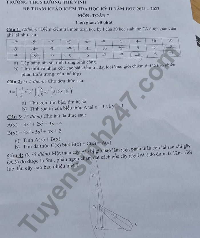 Đề thi học kì 2 - THCS Lương Thế Vinh năm 2022 (đề tham khảo) môn Toán lớp 7