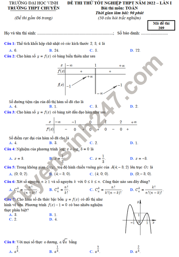 Đề thi thử tốt nghiệp THPT môn Toán năm 2022 -  THPT Chuyên Đại học Vinh