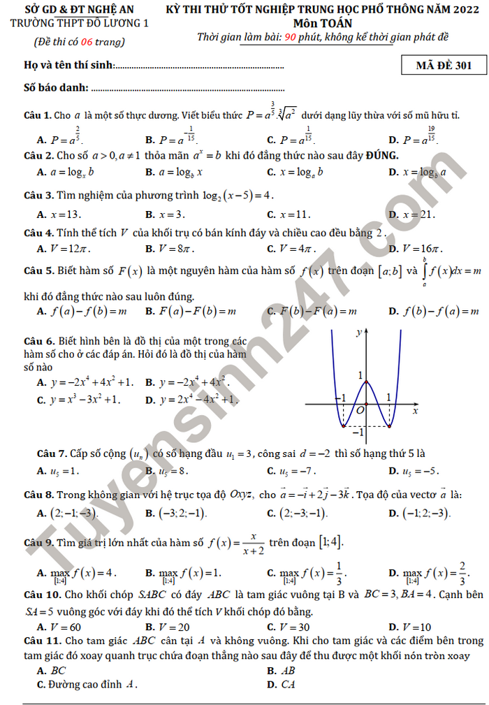 Đề thi thử tốt nghiệp THPT  - THPT Đô Lương 1 môn Toán năm 2022