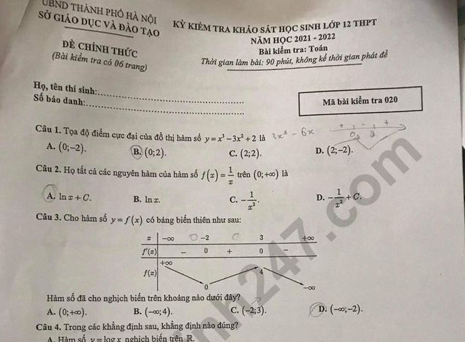 Đề thi thử tốt nghiệp THPT 2022 môn Toán - Sở GD Hà Nội