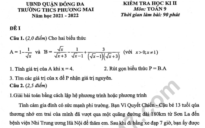 Đề thi kì 2 môn Toán lớp 9 năm 2022 - THCS Phương Mai