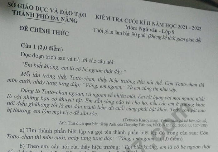 Đề thi kì 2 lớp 9 năm 2022 môn Văn - Sở GD Đà Nẵng