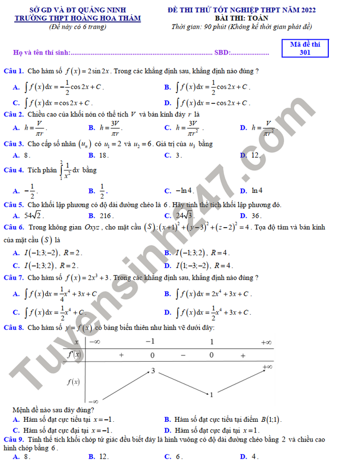 Đề thi thử tốt nghiệp THPT - THPT Hoàng Hoa Thám môn Toán năm 2022
