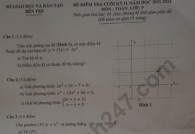 Đề thi kì 2 môn Toán lớp 9 năm 2022 - Sở GD Bến Tre