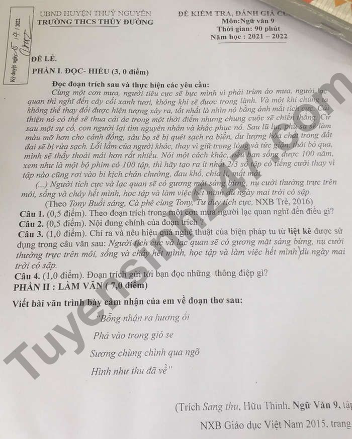 Đề thi kì 2 lớp 9 môn Văn THCS Thủy Đường 2022 