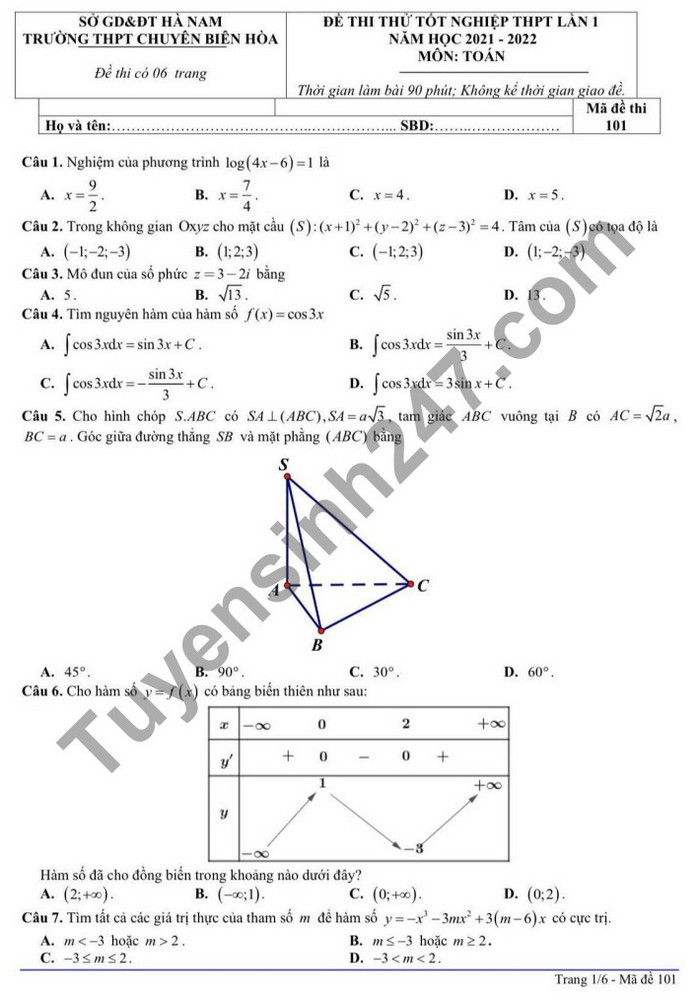 Đề thi thử tốt nghiệp THPT 2022 lần 1 THPT chuyên Biên Hòa môn Toán  