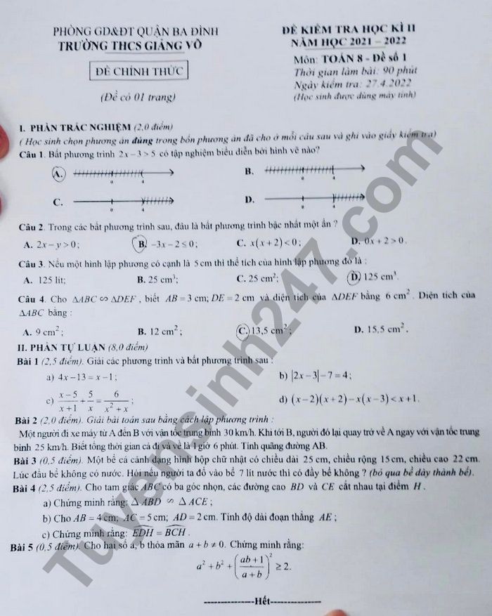 Đề thi học kì 2 môn Toán THCS Giảng Võ năm 2022 lớp 8