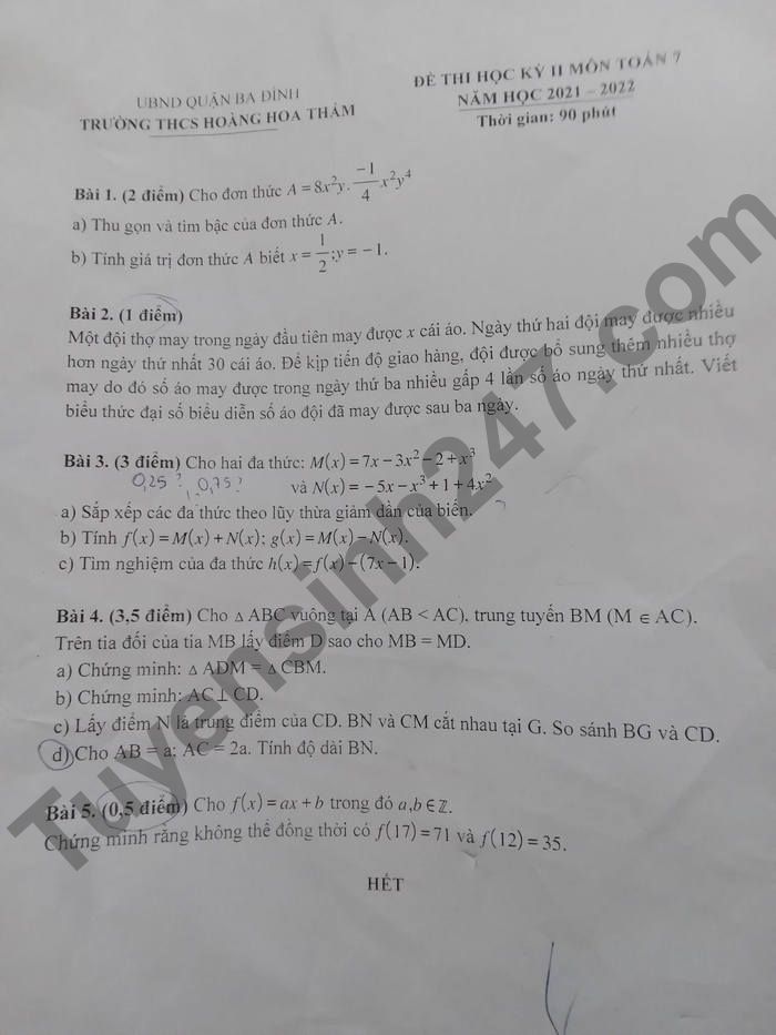Đề thi kì 2 lớp 7 môn Toán 2022 THCS Hoàng Hoa Thám 