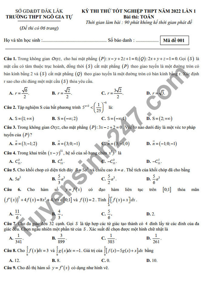 Đề thi thử tốt nghiệp THPT 2022 THPT Ngô Gia Tự môn Toán 