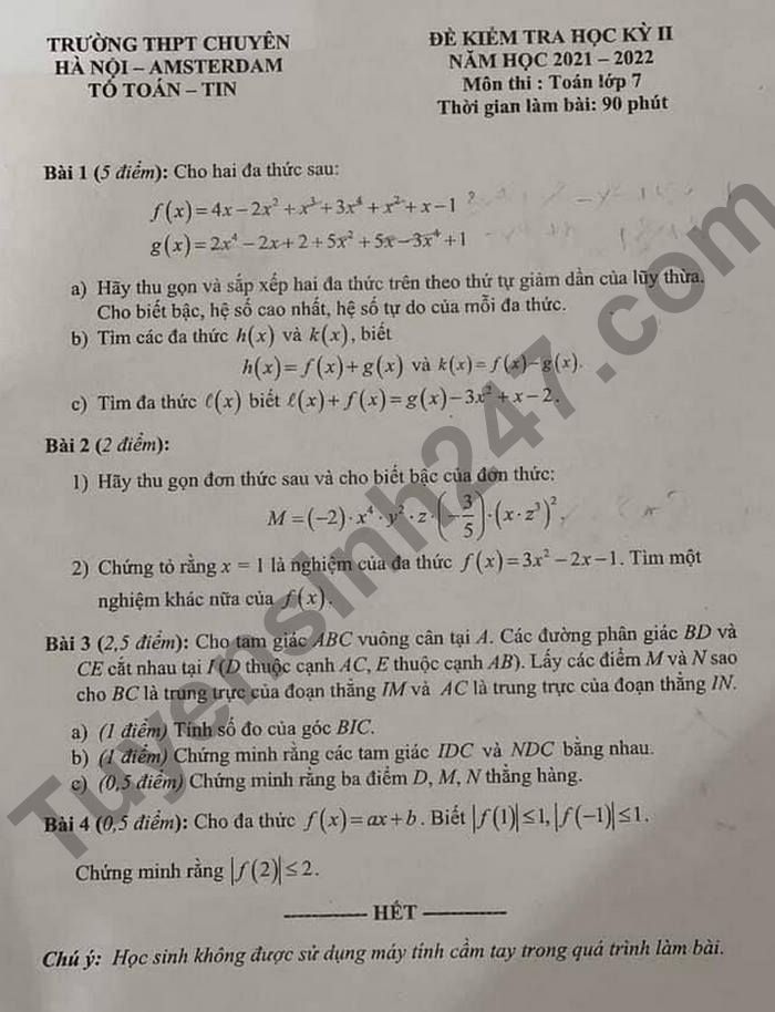 Đề thi kì 2 lớp 7 môn Toán THPT Chuyên Hà Nội - Amsterdam 2022