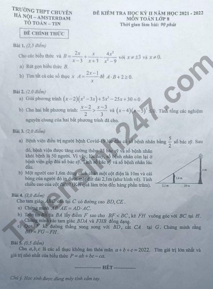 Đề thi kì 2 môn Toán 2022 lớp 8 THPT Chuyên Hà Nội - Amsterdam