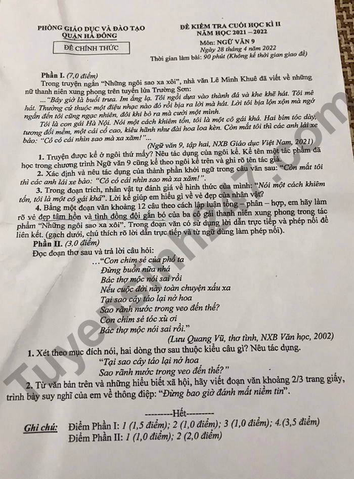 Đề thi kì 2 môn Văn lớp 9 Quận Hà Đông 2022