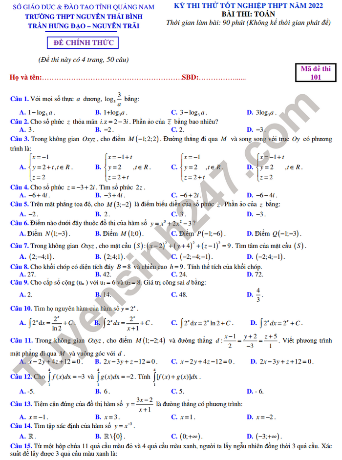 Đề thi thử tốt nghiệp THPT Nguyễn Thái Bình - Trần Hưng Đạo - Nguyễn Trãi môn Toán năm 2022